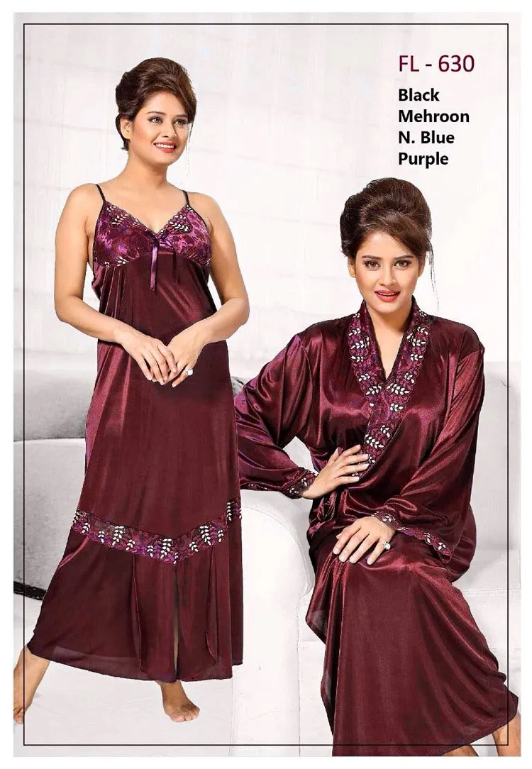 2 Pcs Maroon FL-630 - Flourish Exclusive Bridal Nighty Set Collection