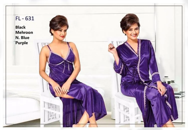 2 Pcs Purple FL-631 - Flourish Exclusive Bridal Nighty Set Collection