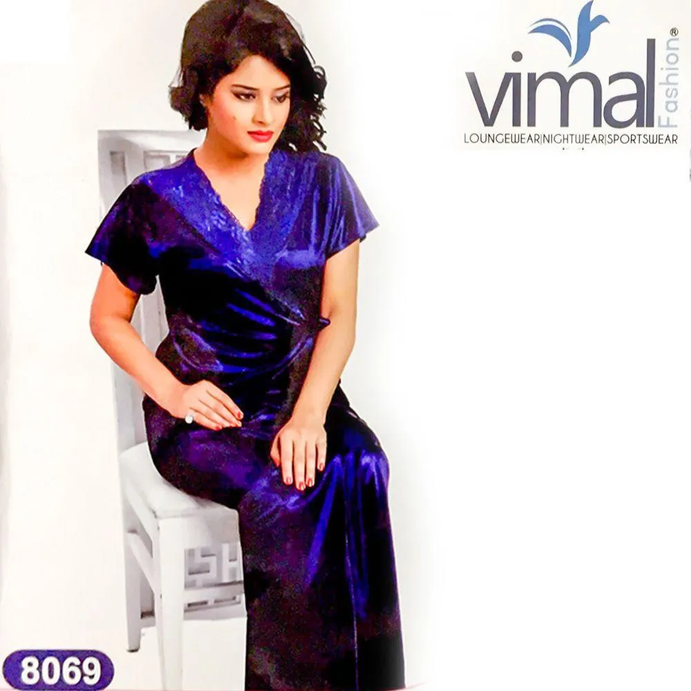 2 Pcs Royal Blue Nighty Set with Gown - V8069 - Satin Silk Nighty by Vimal Fashion