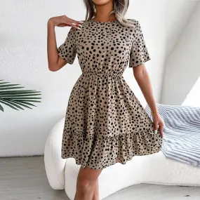 2024 Casual Summer Flower Beach Polka Dot Waist Ruffle Swing Midi Dress