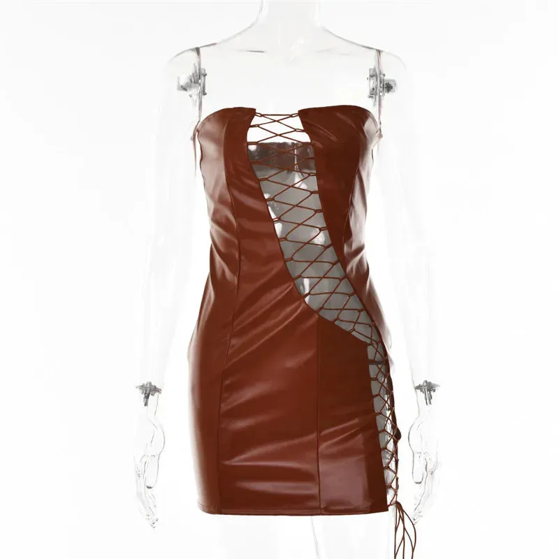 2024 PU Leather Strapless Sleeveless Mini Dress Cut Out Dresses