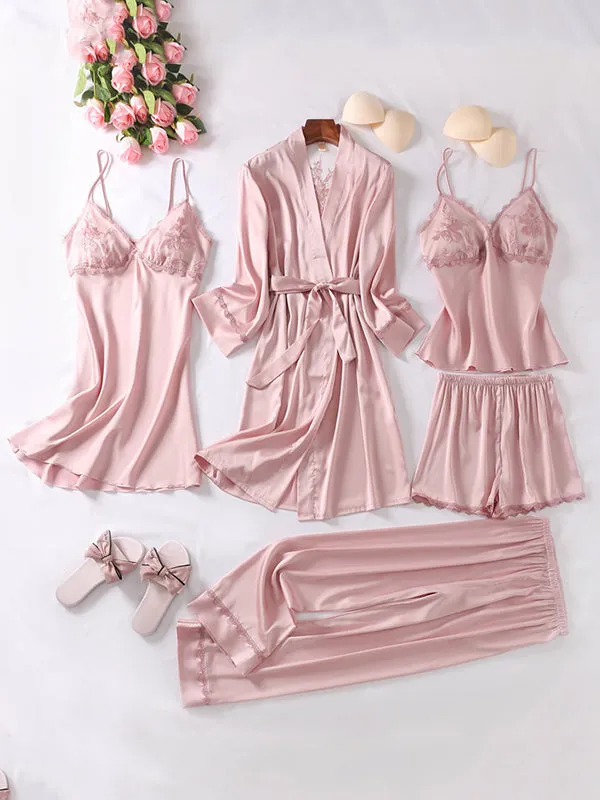 5pcs Lace Belted Satin Silk Pajama Set