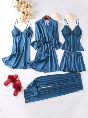 5pcs Lace Belted Satin Silk Pajama Set