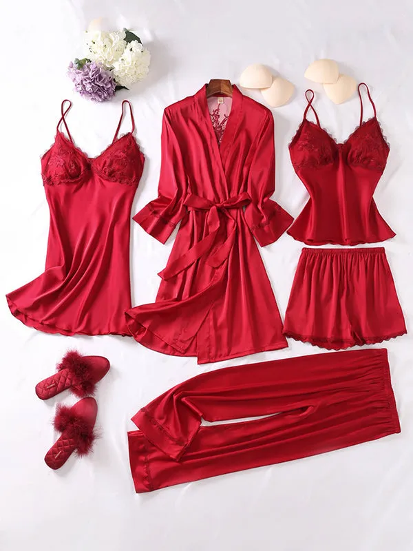 5pcs Lace Belted Satin Silk Pajama Set