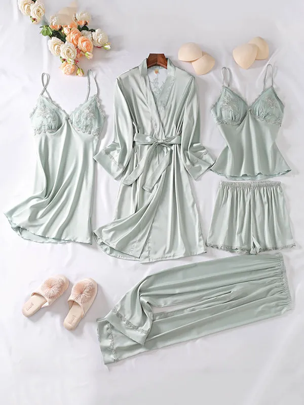 5pcs Lace Belted Satin Silk Pajama Set