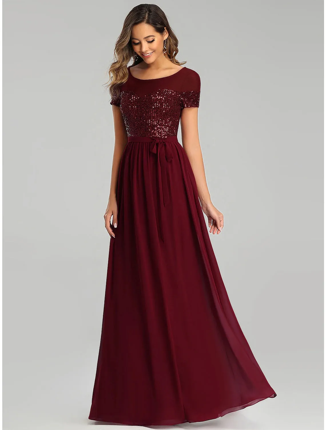 A-Line Bridesmaid Dress Jewel Neck Short Sleeve Elegant Floor Length Chiffon with Sash / Ribbon / Sequin  / Sparkle & Shine