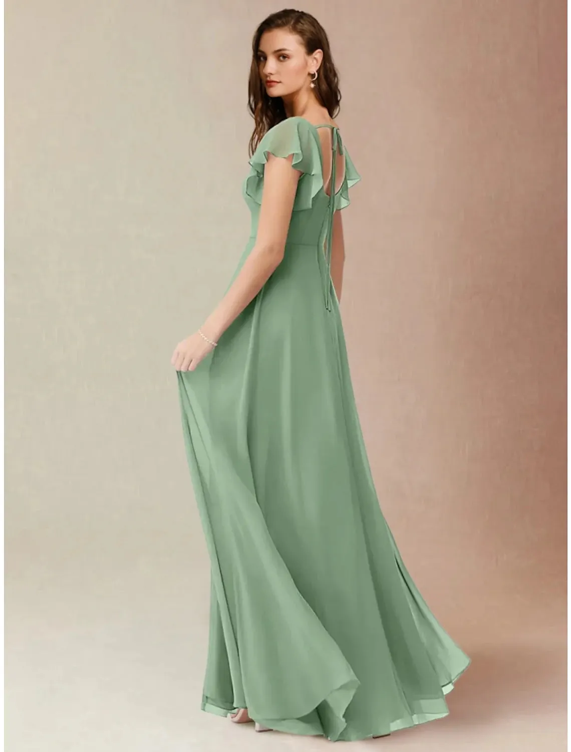 A-Line Bridesmaid Dress Square Neck Short Sleeve Elegant Floor Length Chiffon with Split Front / Ruching