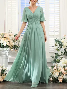 A-Line Bridesmaid Dress V Neck Short Sleeve Elegant Floor Length Chiffon with Split Front / Ruching