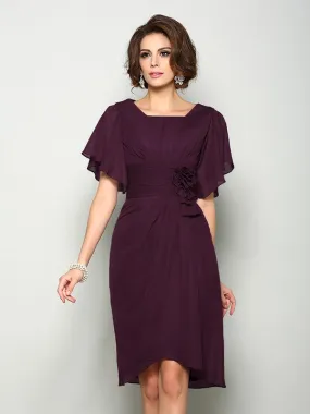 A-Line Chiffon Square Short Sleeves Knee-Length With Hand-Made Flower Mother of the Bride Dresses