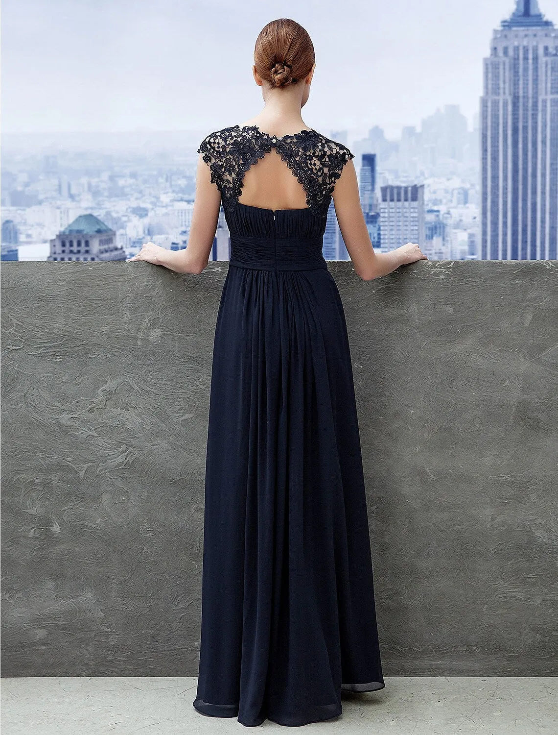 A-Line Evening Gown Dress Wedding Guest Floor Length Short Sleeve Boat Neck Chiffon with Ruched Lace