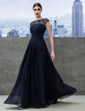 A-Line Evening Gown Dress Wedding Guest Floor Length Short Sleeve Boat Neck Chiffon with Ruched Lace