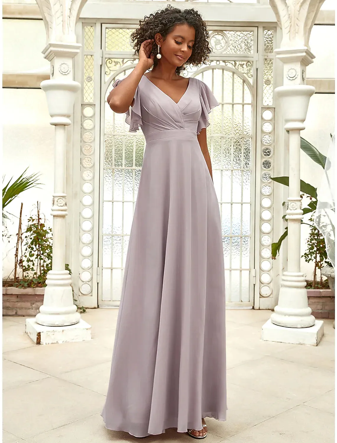 A-Line Evening Gown Vintage Dress Wedding Guest Floor Length Short Sleeve V Neck Chiffon with Ruffles