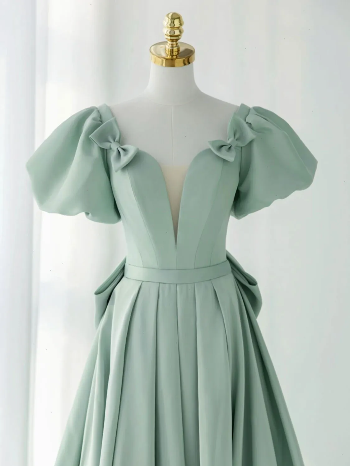 A-Line Puff Sleeves Green Long Prom Dress, Green Formal Dress