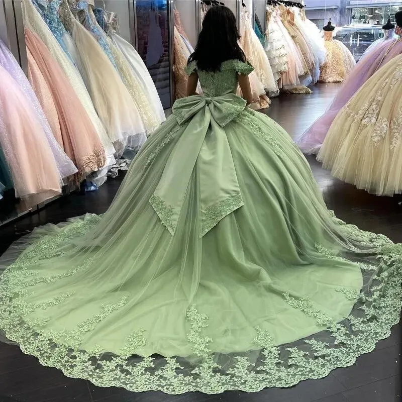 Avocado Green Off-Shoulder Quinceañera Dress with Lace Applique