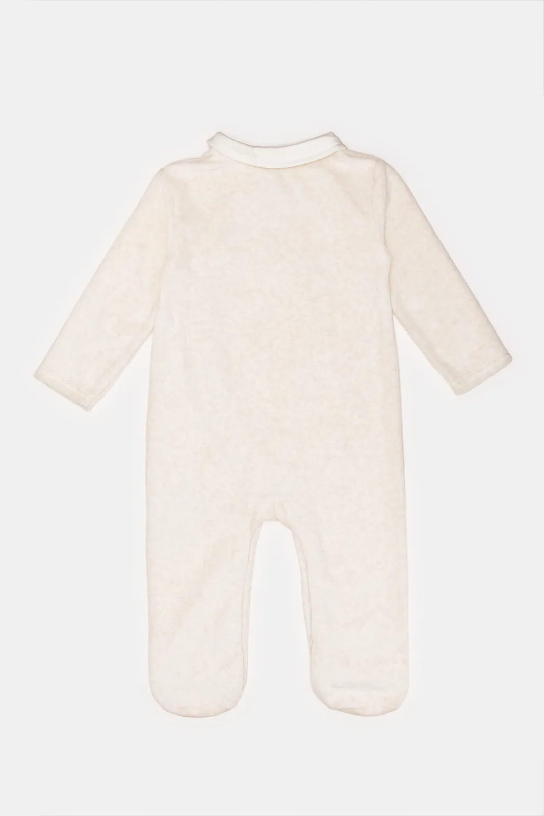 Babies Beige Collared Velour Sleepsuit With Applique