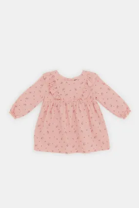 Babies Pink Printed Corduroy Dress