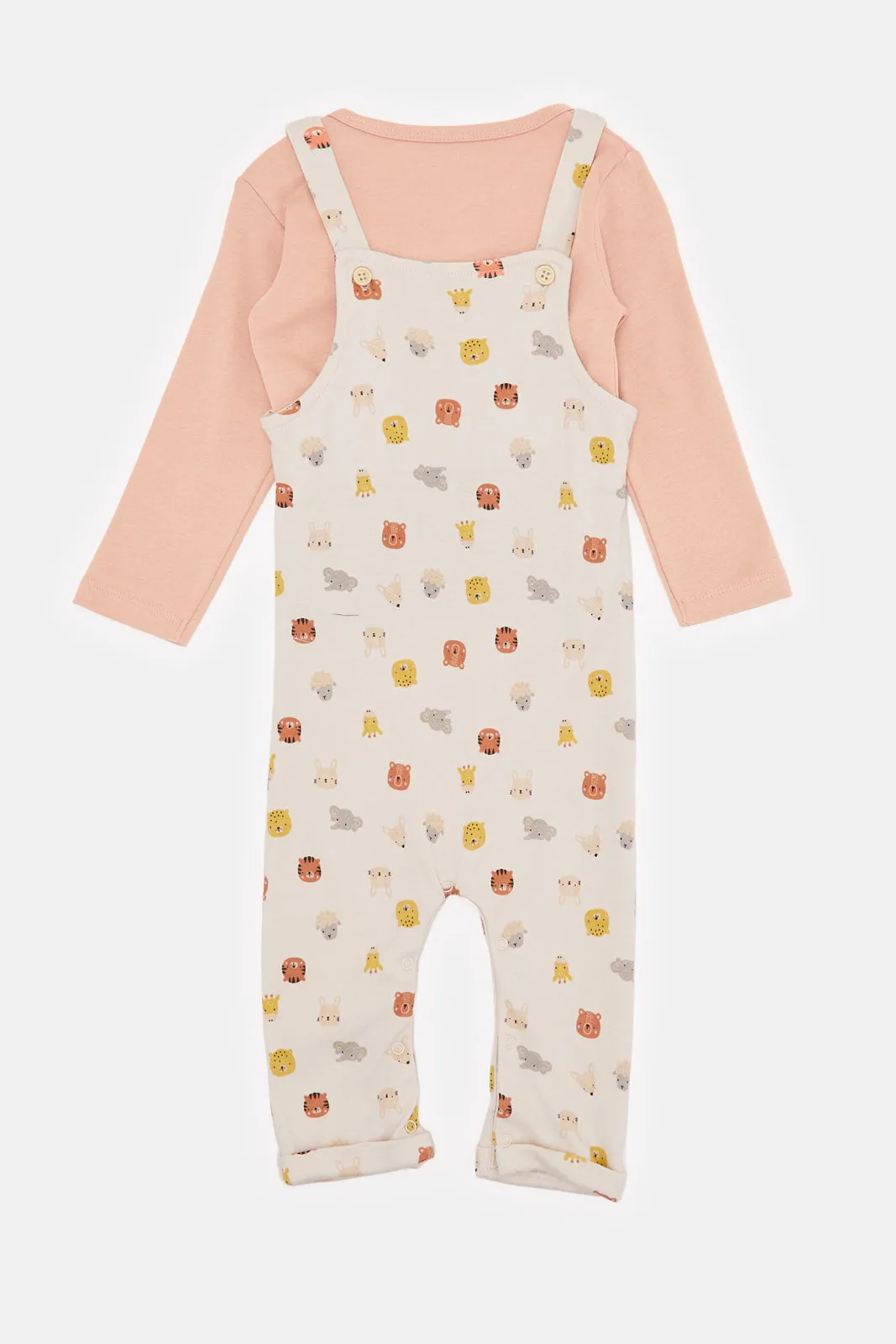 Baby Beige And Apricot Printed Dungaree Set (2 Piece)