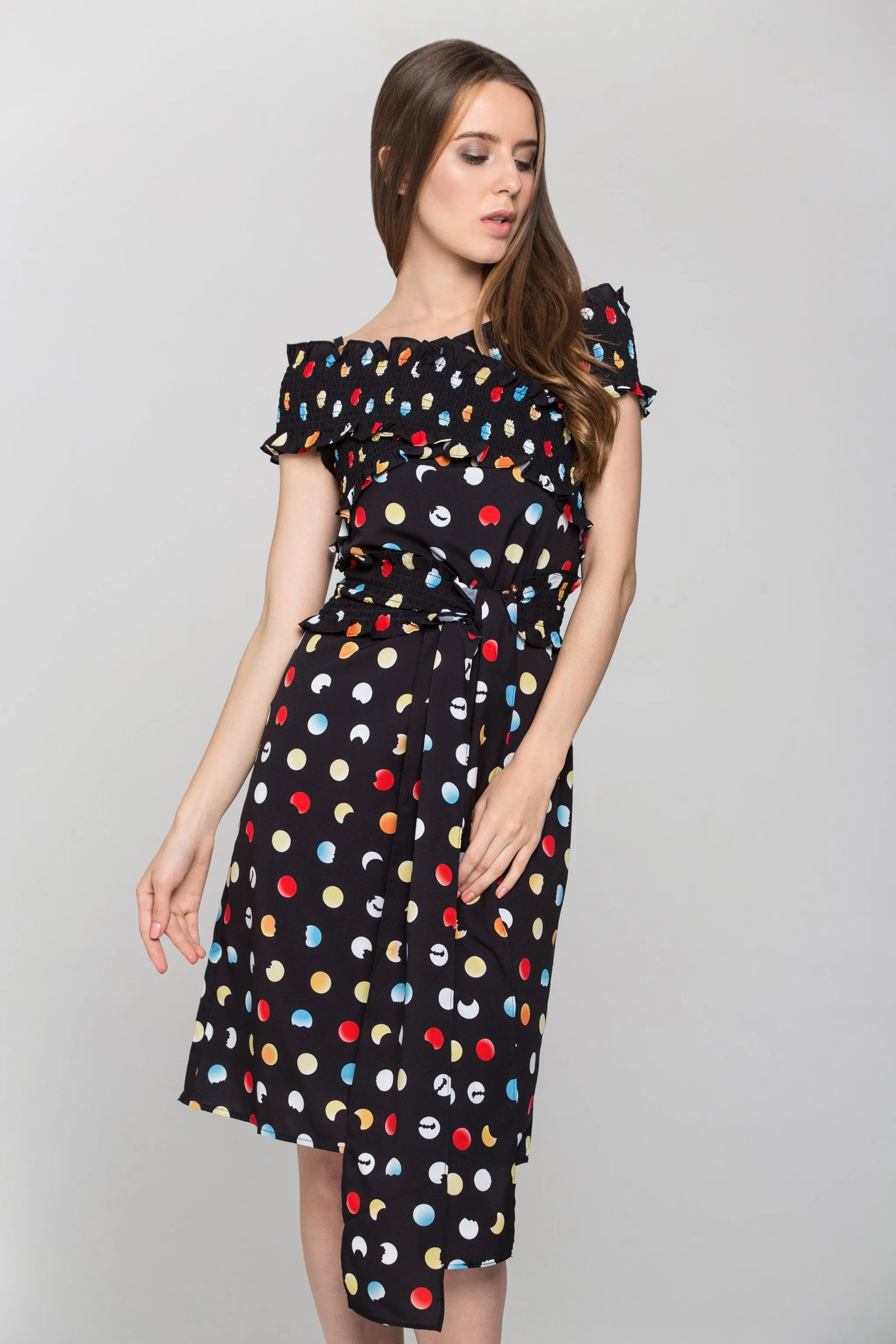 Black and Rainbow Polka dot Cross Body Midi Dress