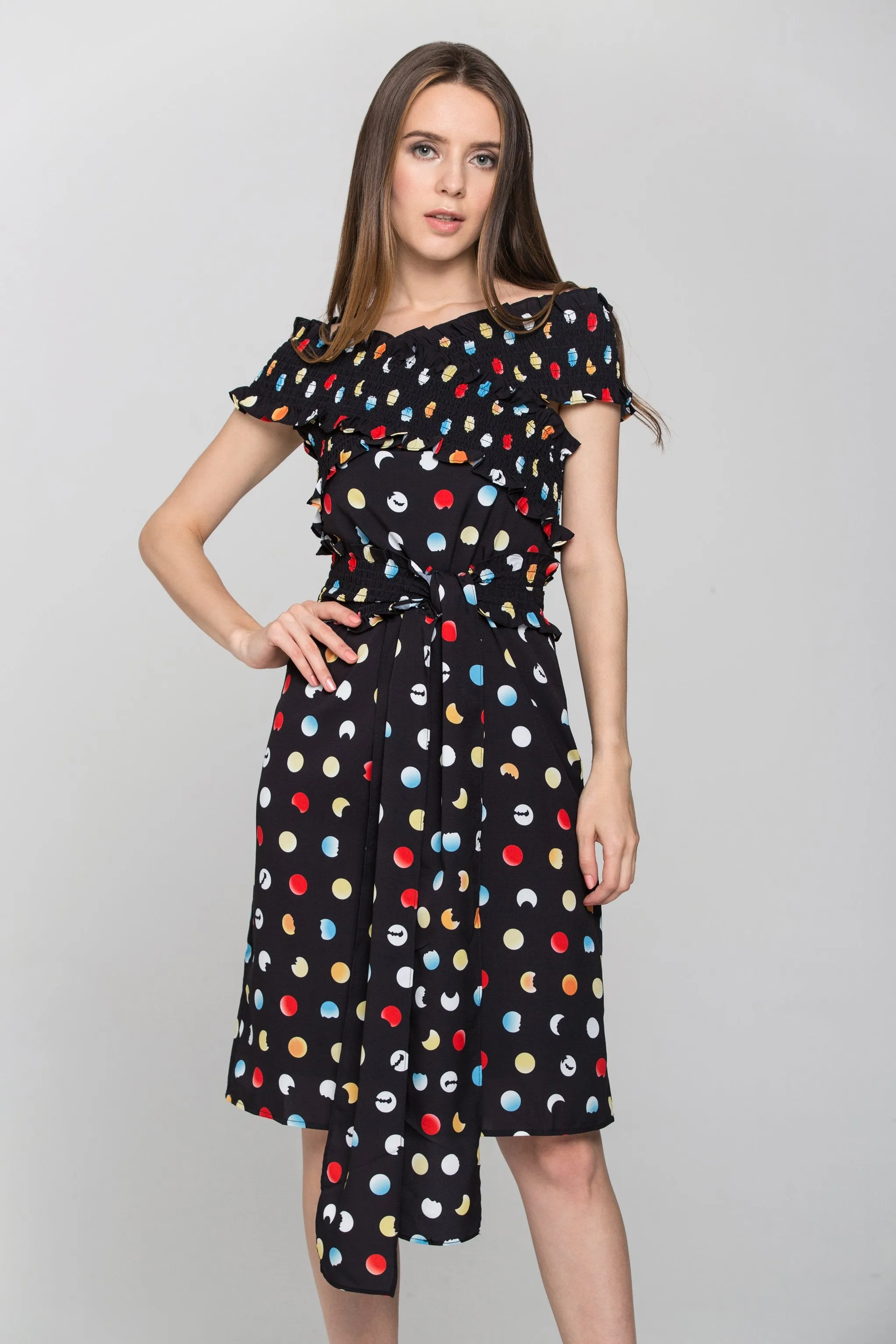 Black and Rainbow Polka dot Cross Body Midi Dress