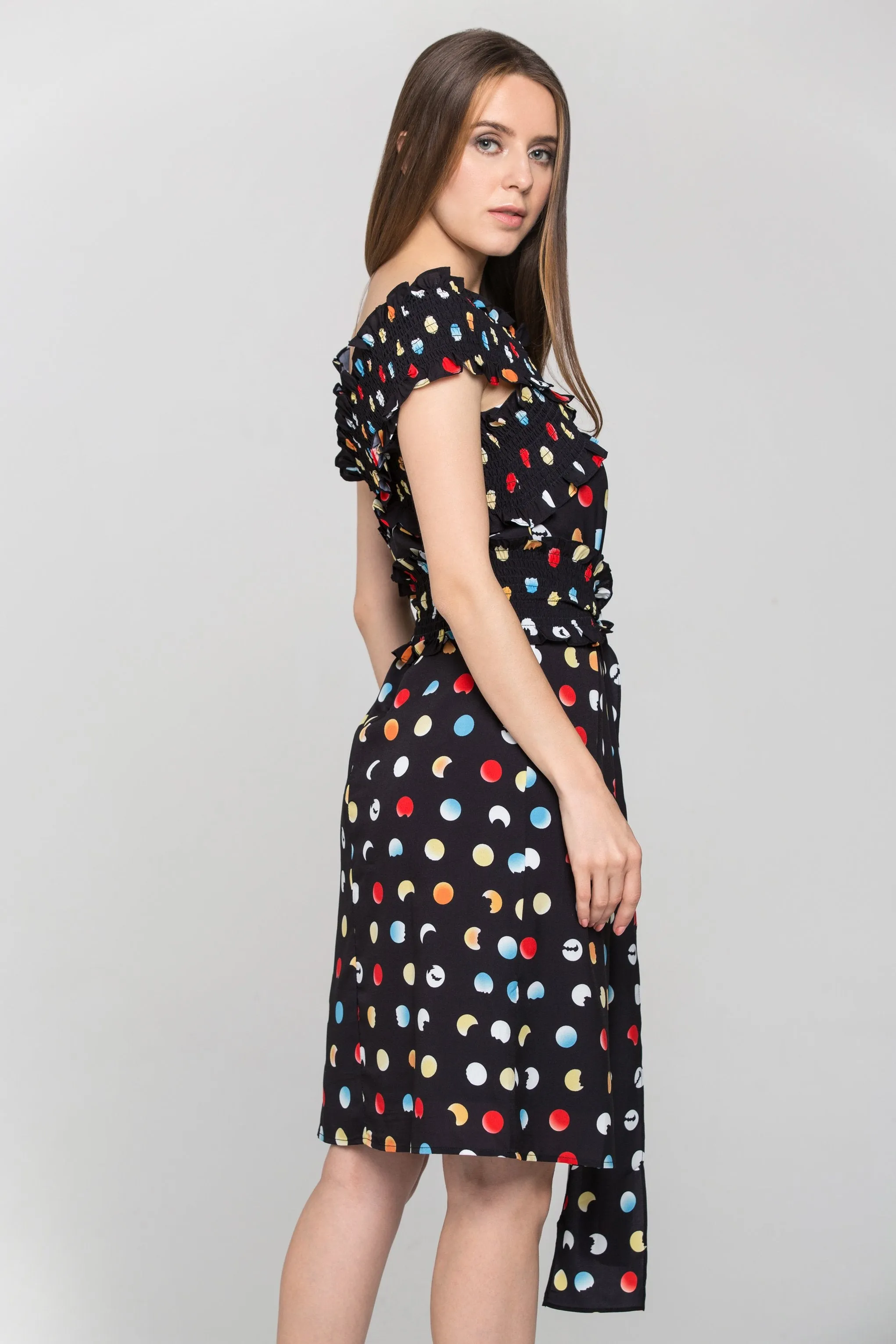 Black and Rainbow Polka dot Cross Body Midi Dress