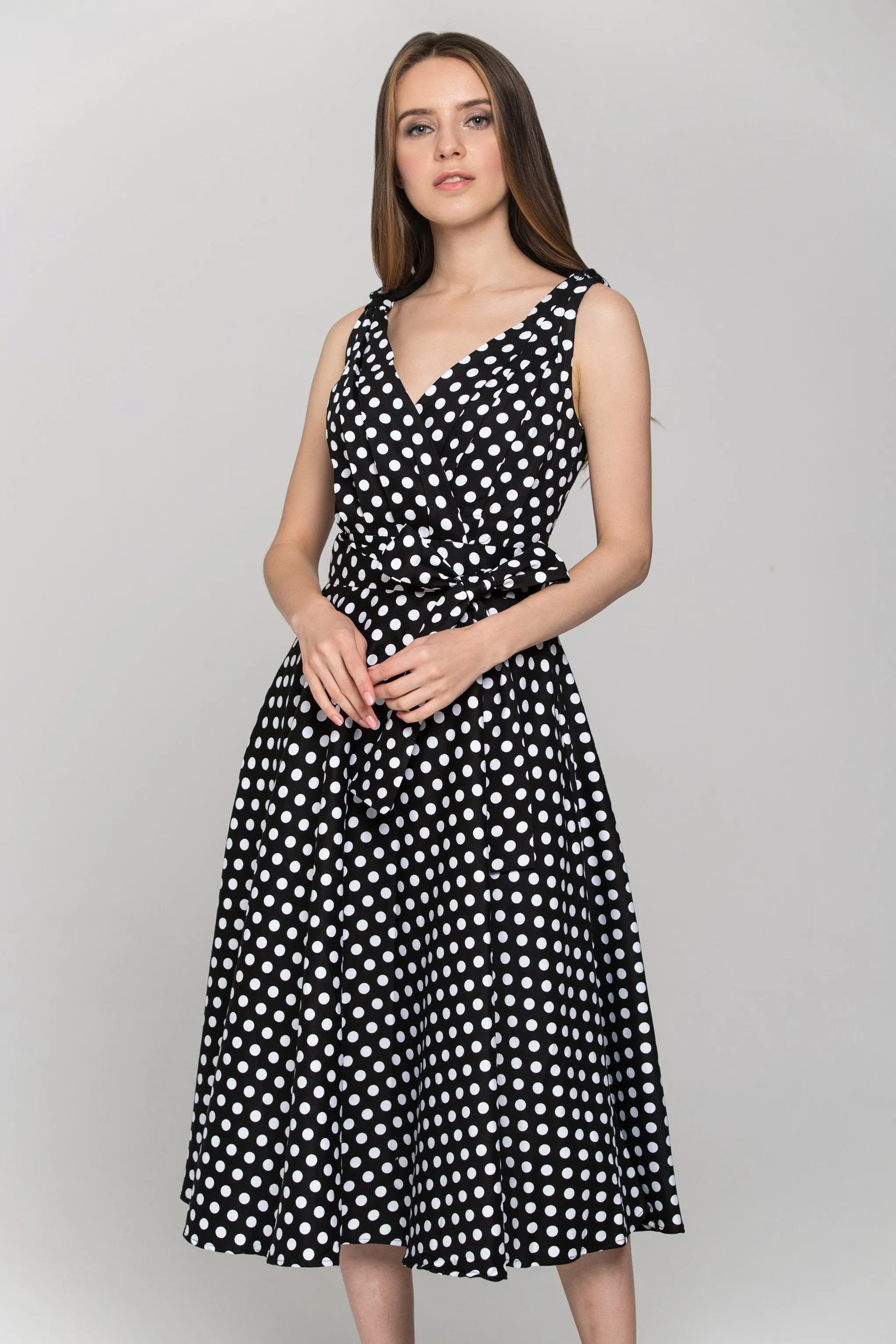 Black Sleeveless Polka dot Midi Dress