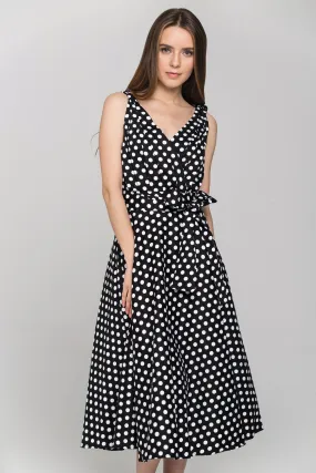 Black Sleeveless Polka dot Midi Dress