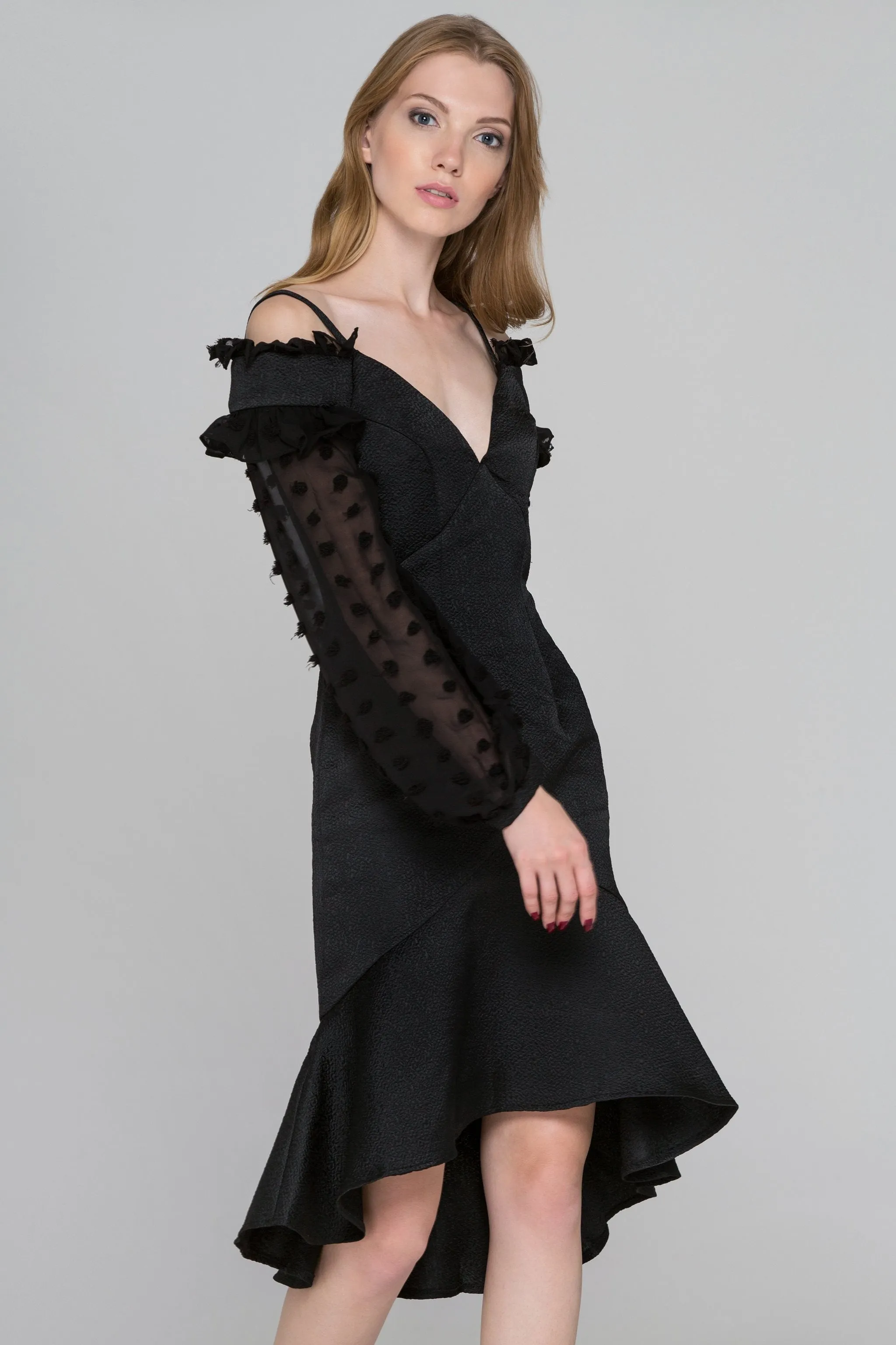 Black Swan Sheer Puff Sleeve Midi Dress