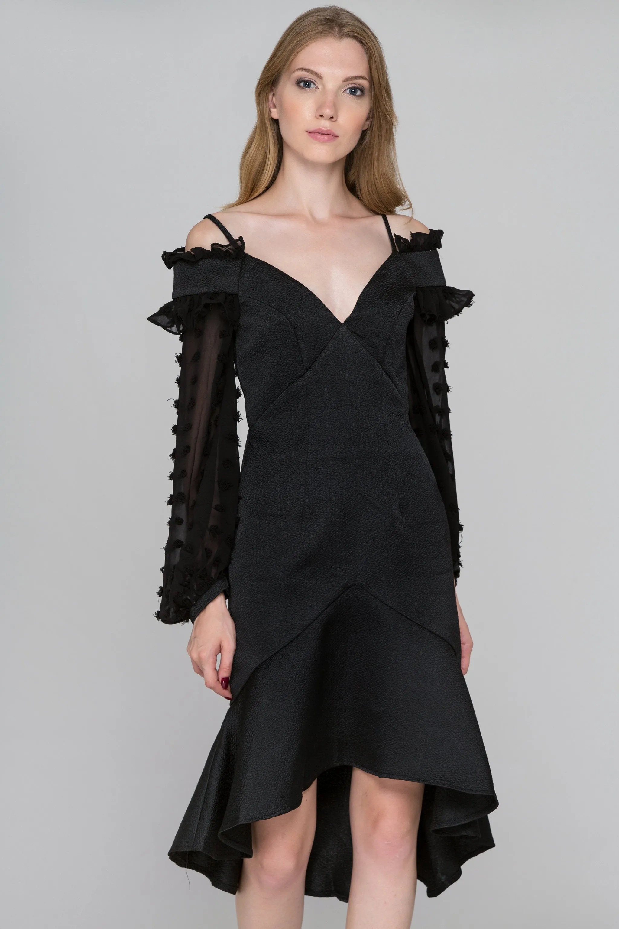 Black Swan Sheer Puff Sleeve Midi Dress