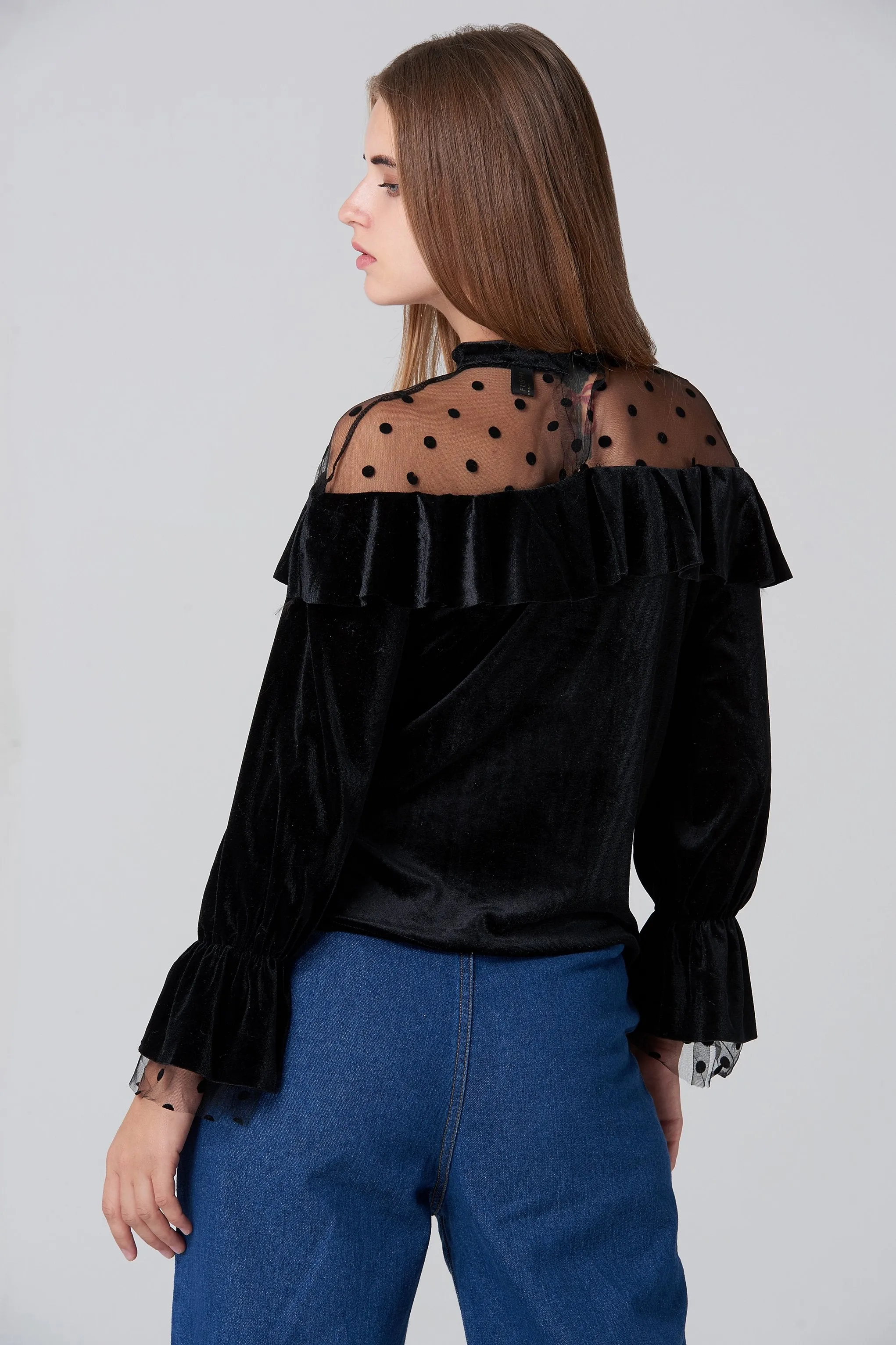 Black Velvet Sheer Yoke Bardot Top