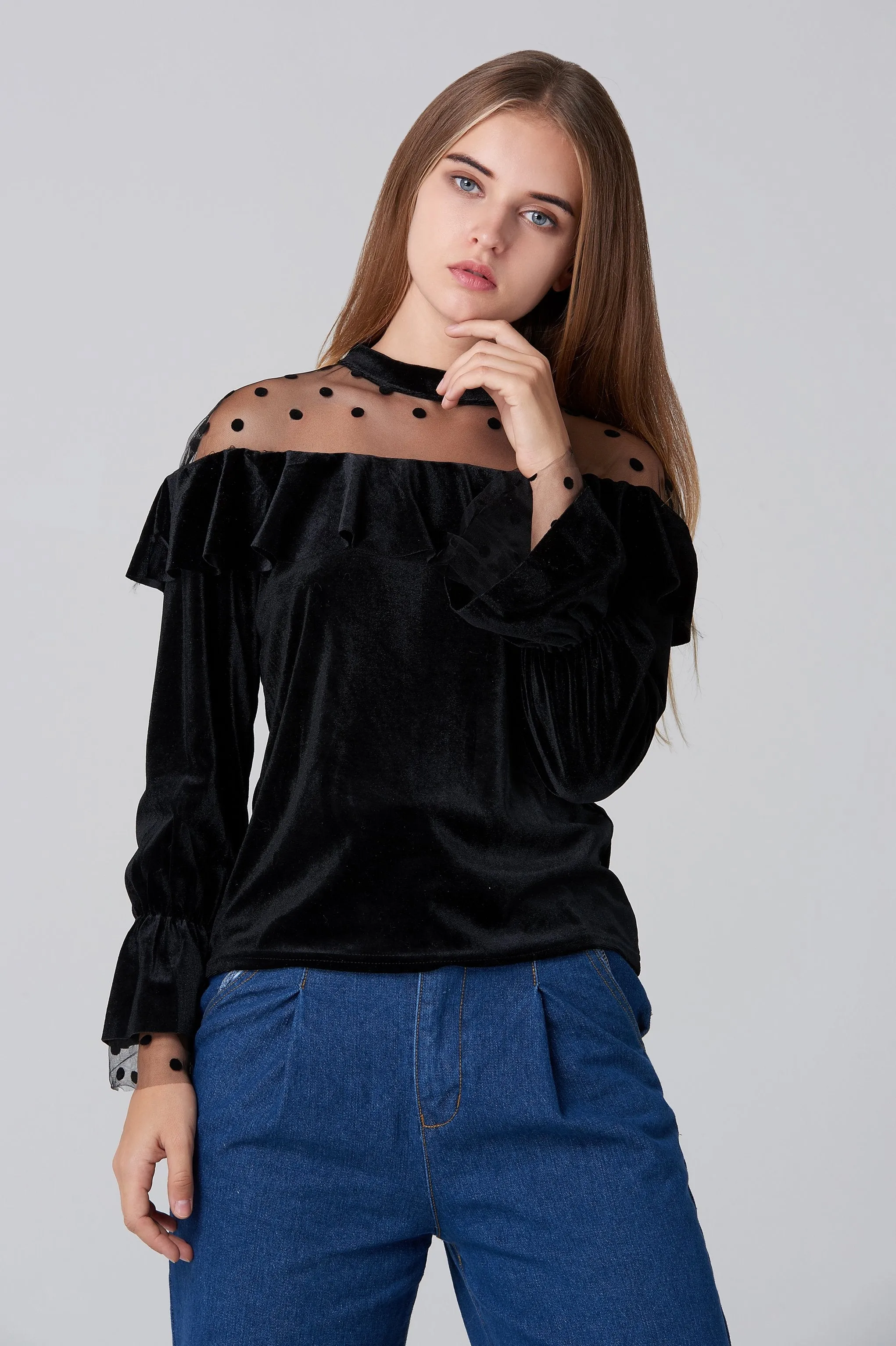 Black Velvet Sheer Yoke Bardot Top