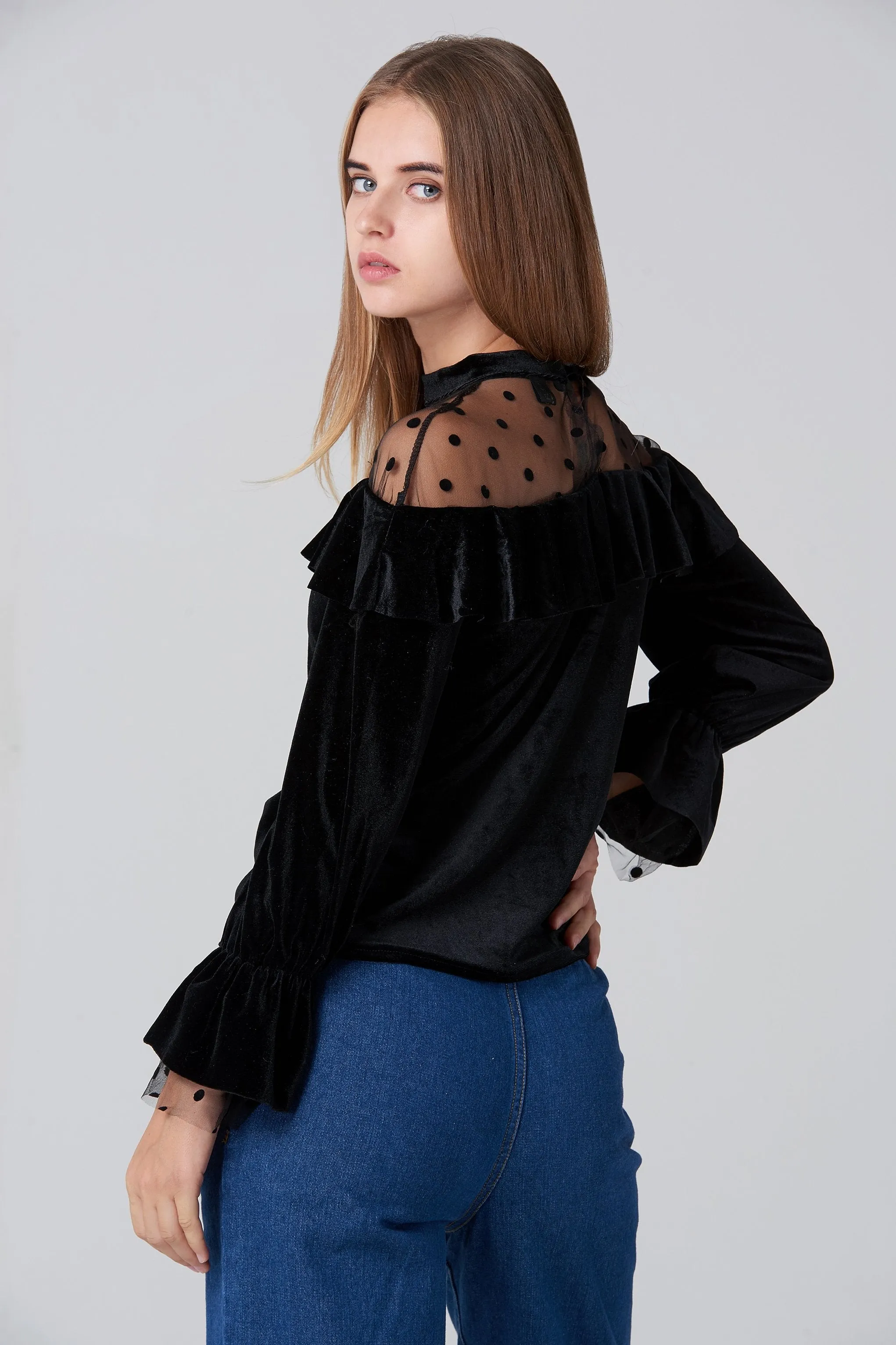 Black Velvet Sheer Yoke Bardot Top