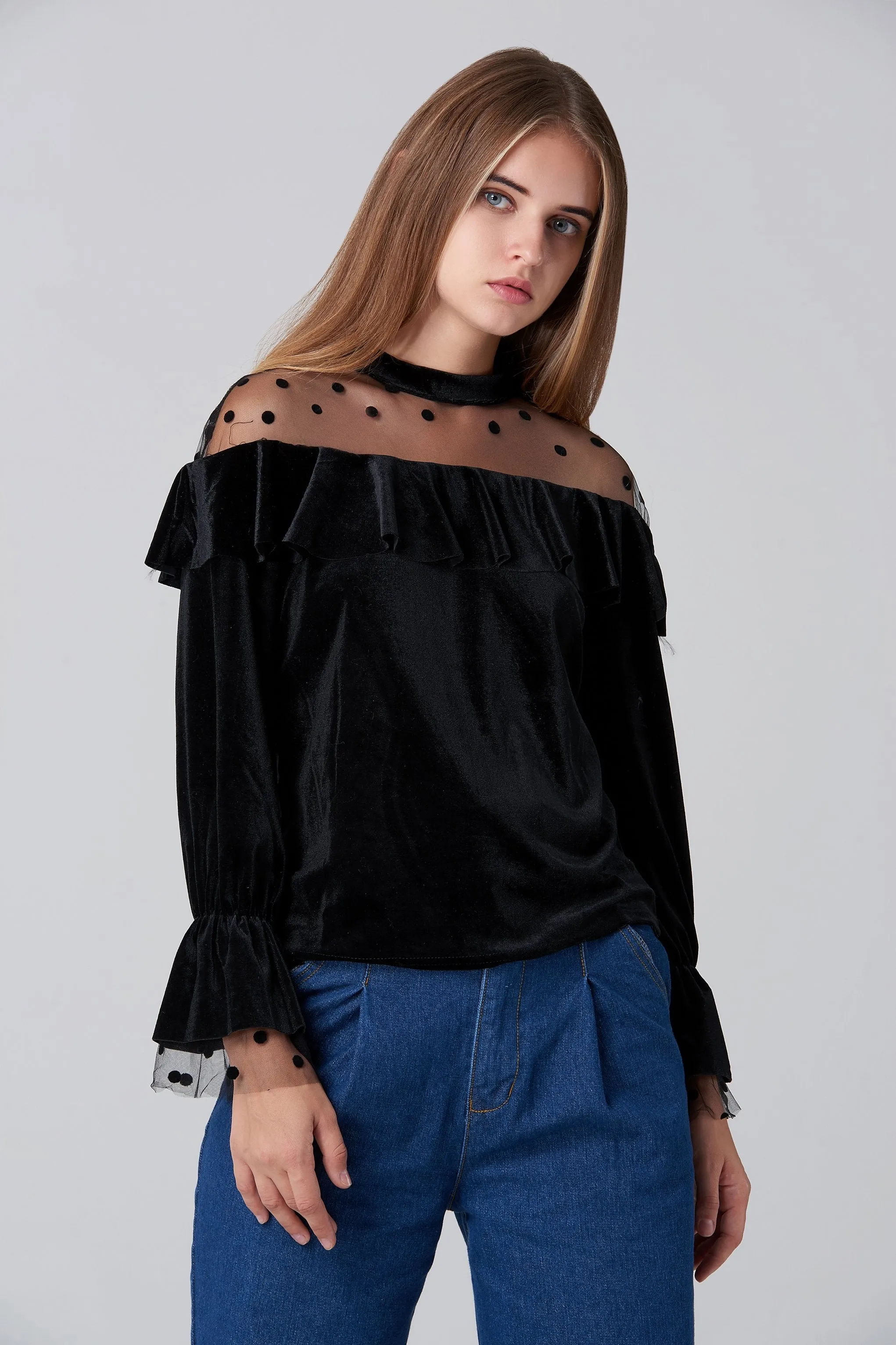 Black Velvet Sheer Yoke Bardot Top