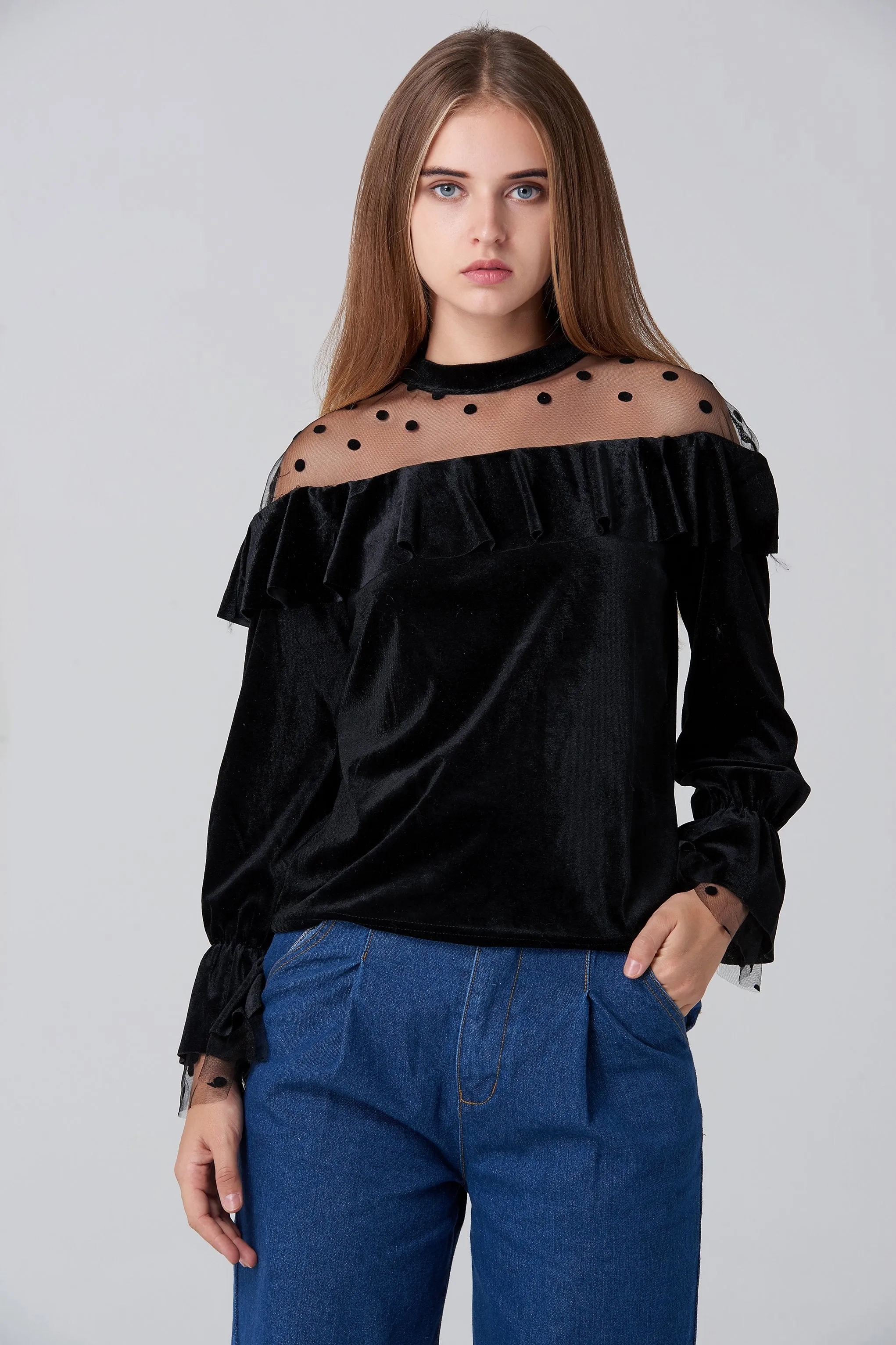 Black Velvet Sheer Yoke Bardot Top