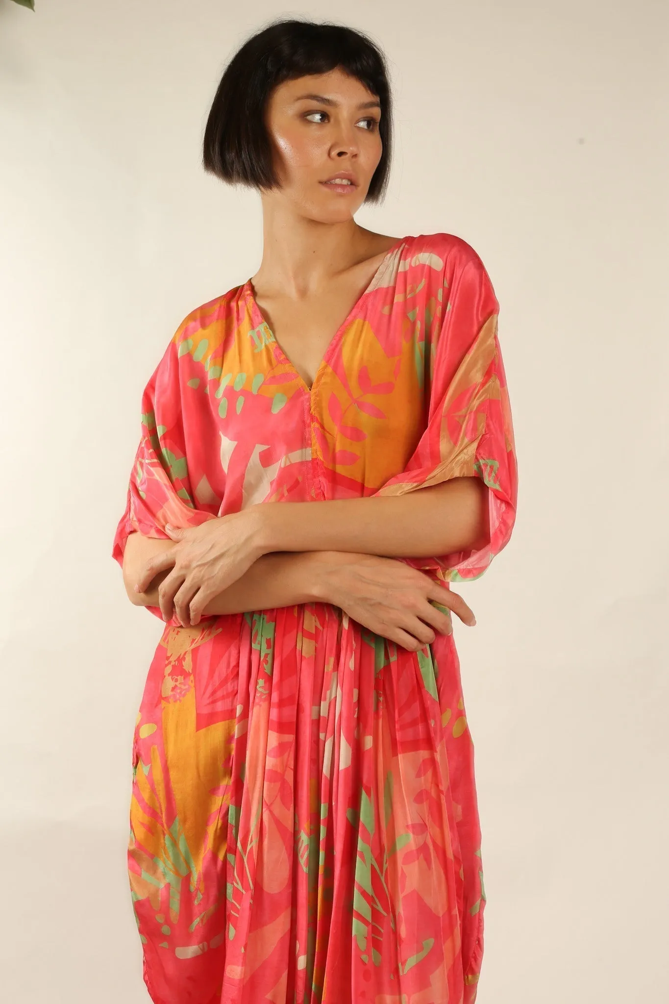 BLOCK PRINT SILK KAFTAN DRESS LIA