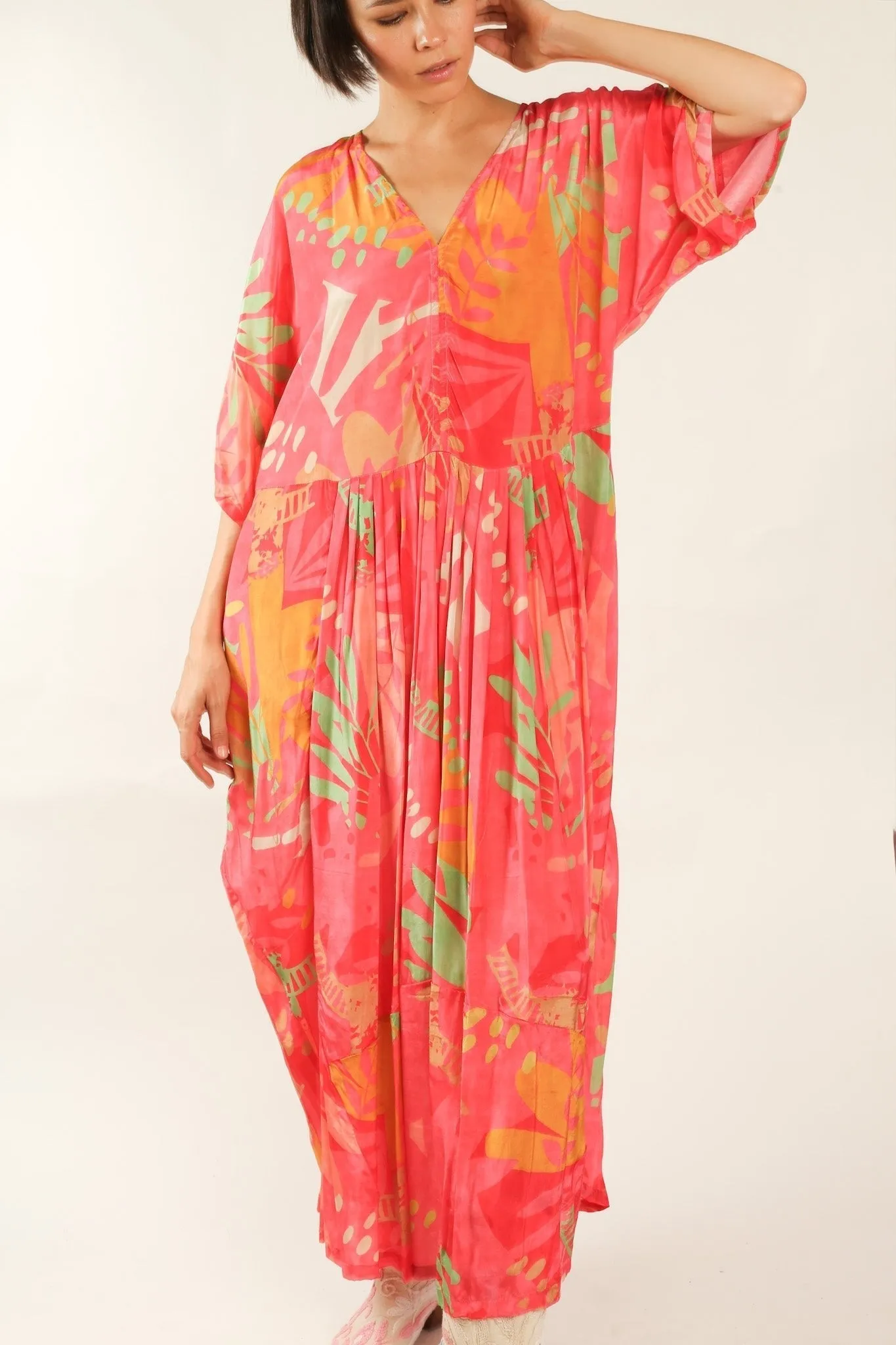 BLOCK PRINT SILK KAFTAN DRESS LIA