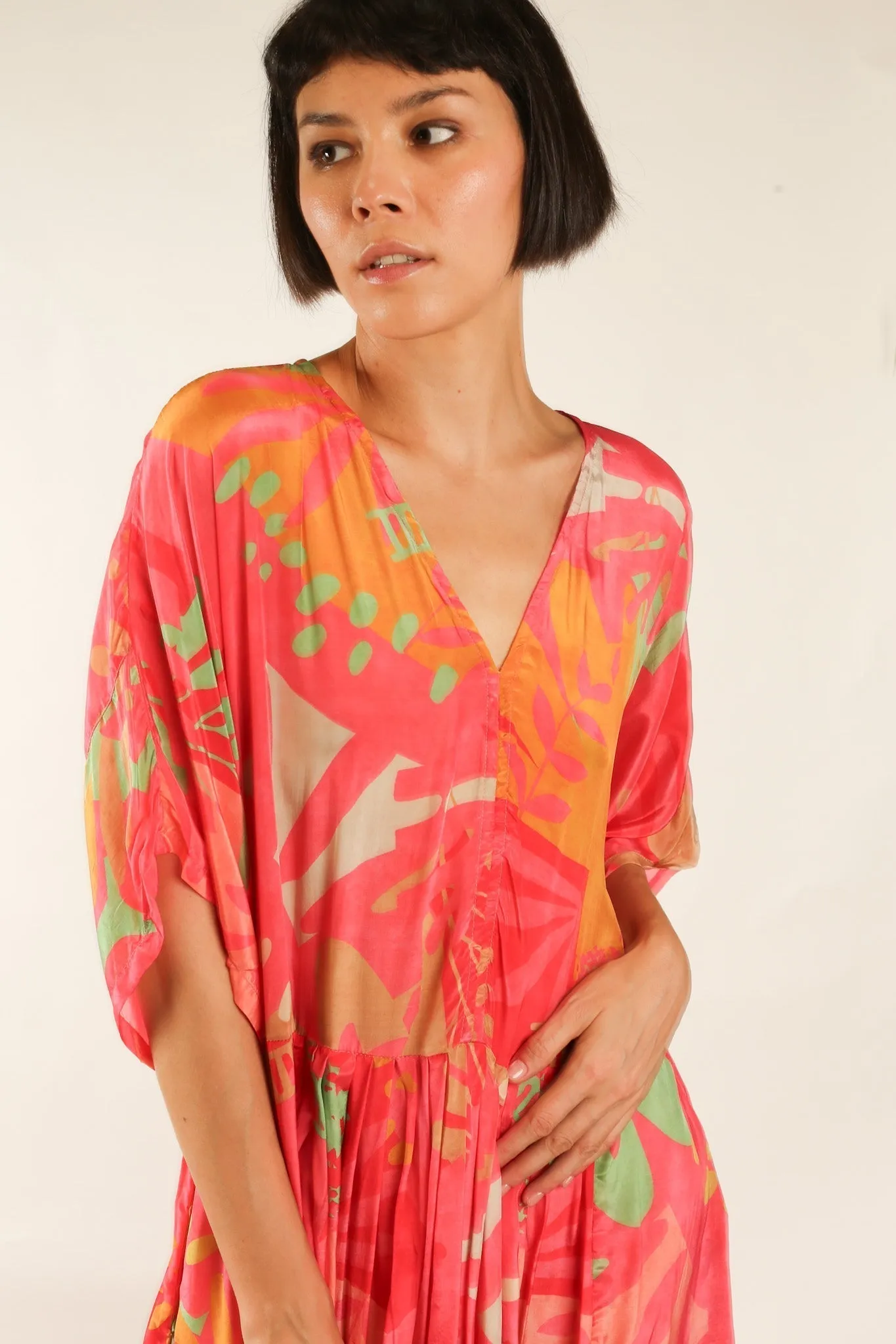 BLOCK PRINT SILK KAFTAN DRESS LIA