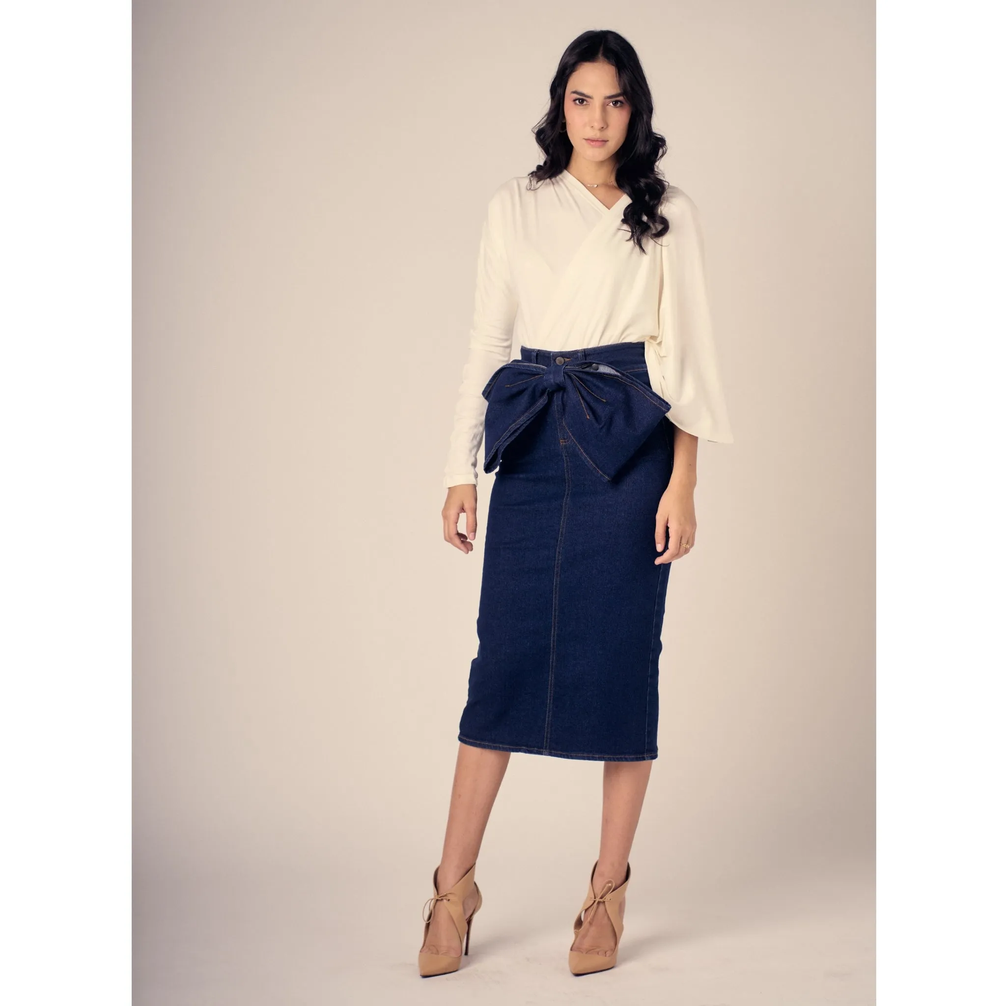 Bow Midi Jean Skirt by Gato