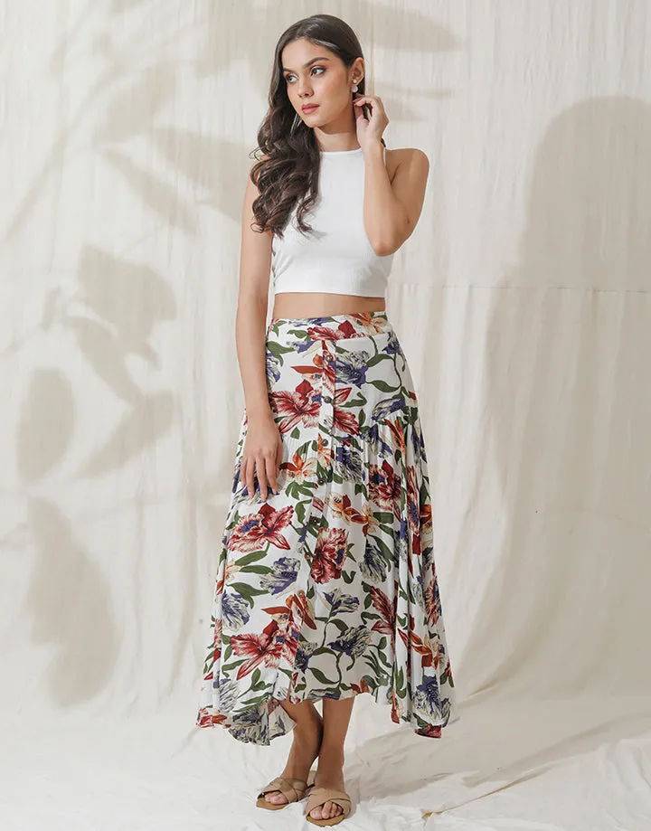 Button Down Floral Print Midi Skirt