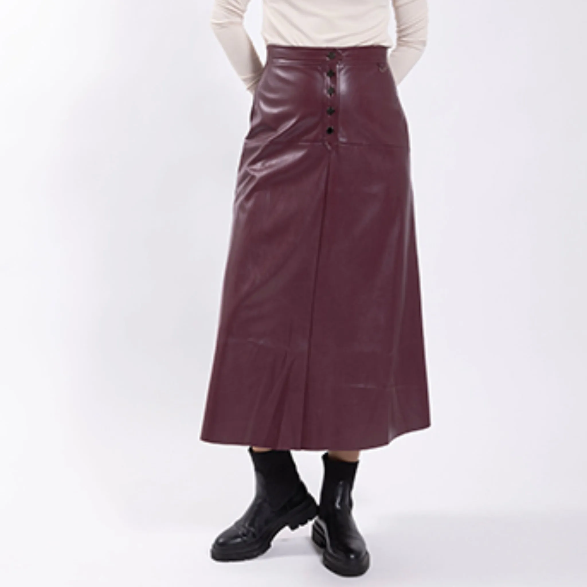 Button Front Leather Skirt Burgundy