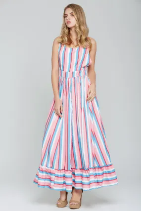 Candy Pink and Blue Striped Halter Maxi Dress