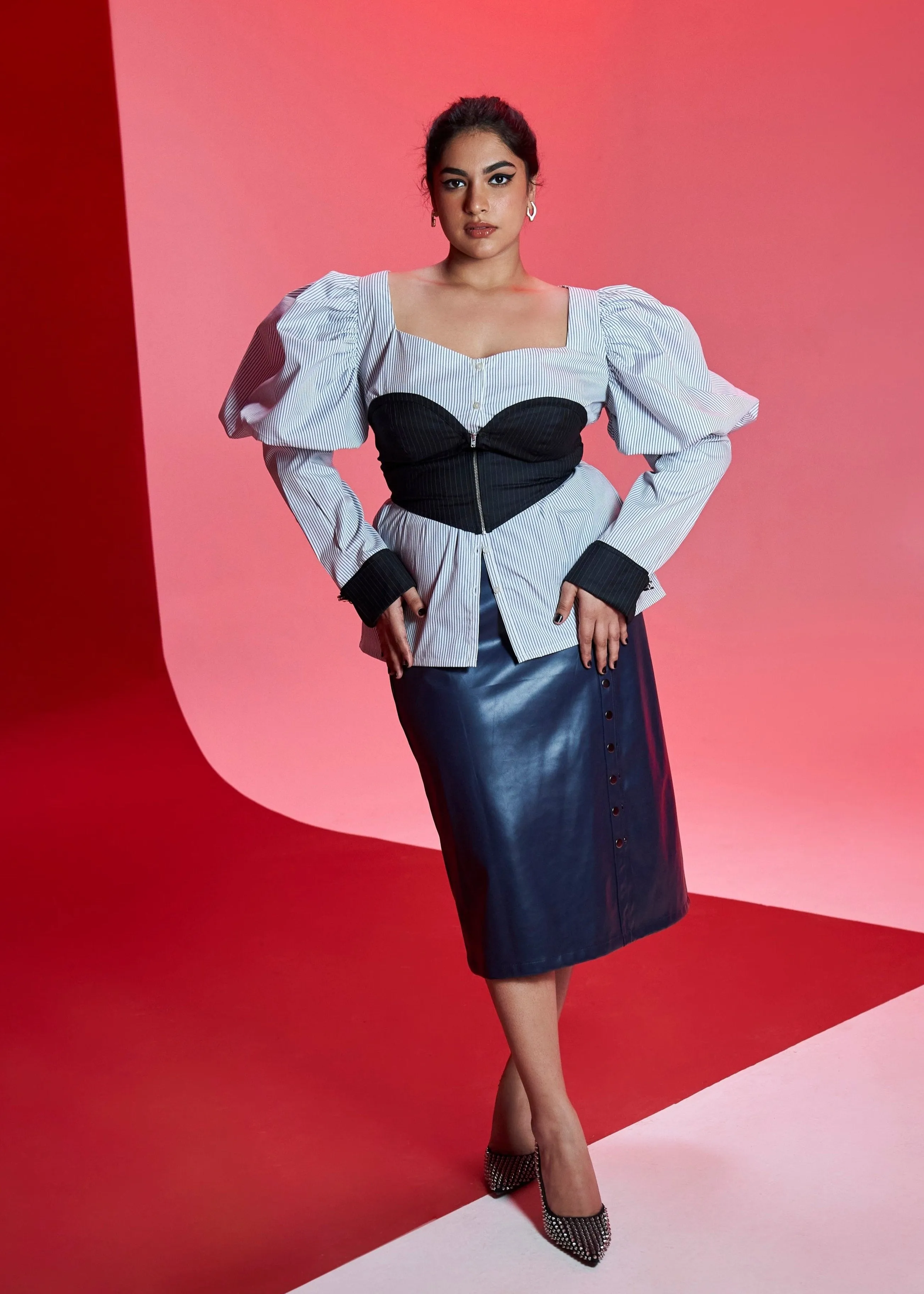 Carol Shirt   Detachable Pinstripe Bustier and Blue Faux Leather Midi Skirt Set