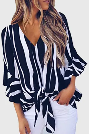 Casual Striped Strap Design V Neck Tops