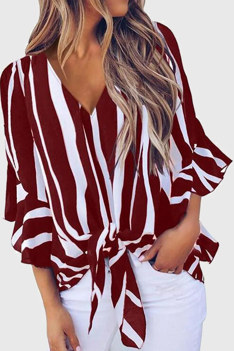 Casual Striped Strap Design V Neck Tops