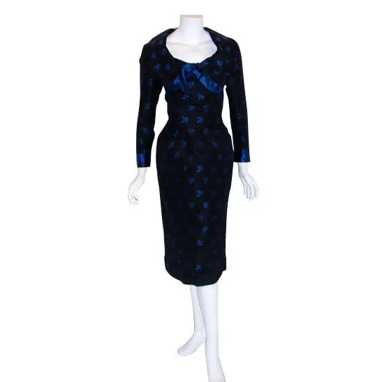 CEIL CHAPMAN 1960s Black and Blue Silk Cocktail Dress