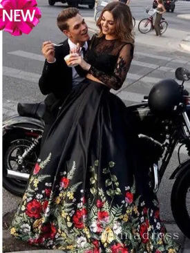 Chic Black Two Pieces Prom Dresses With Floral Lace Long Formal Dress Evening Gowns SED107