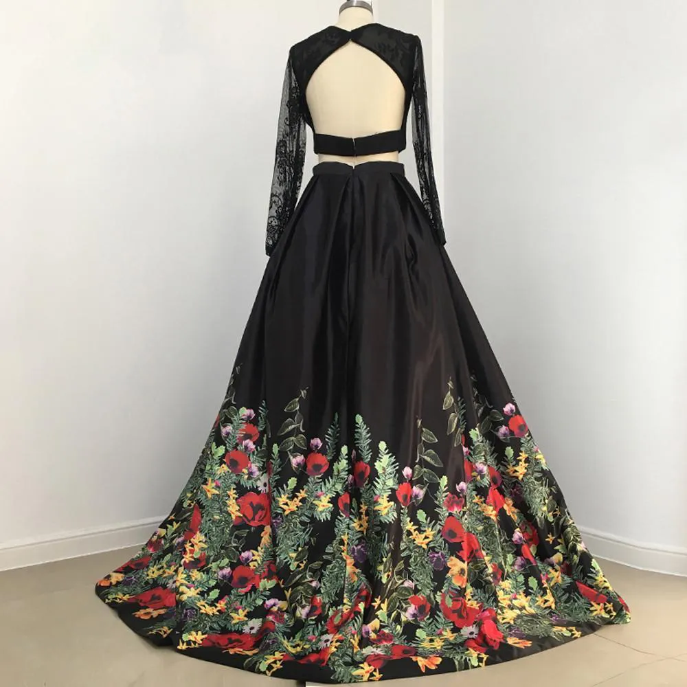 Chic Black Two Pieces Prom Dresses With Floral Lace Long Formal Dress Evening Gowns SED107