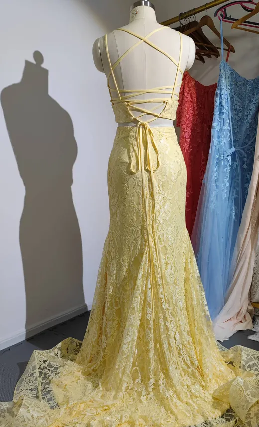 Chic Two Pieces Double Spaghetti Straps Lace Long Prom Dress Daffodils Elegant Party Dress #JKSS46