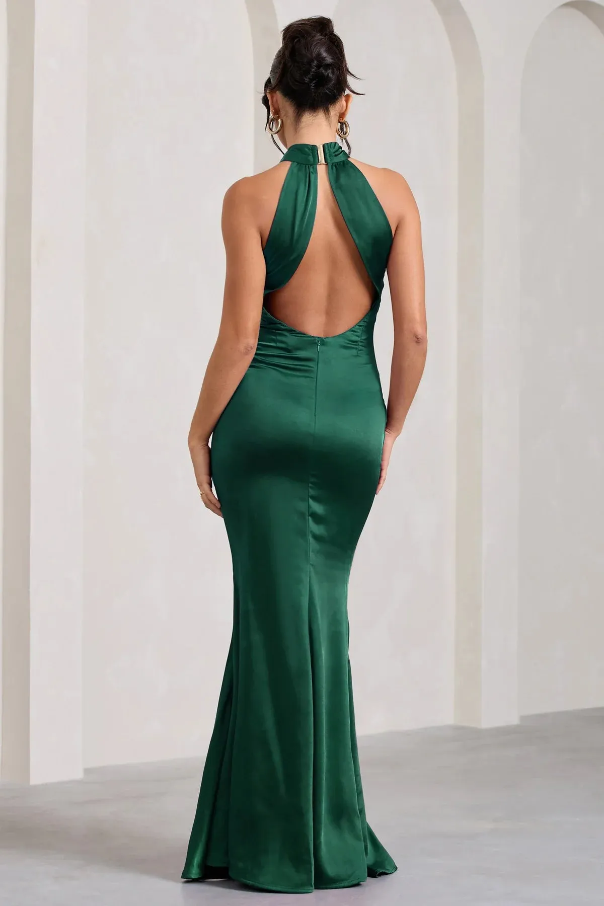 Club L London Unstoppable Bottle Green Satin Cross Over Halterneck Maxi