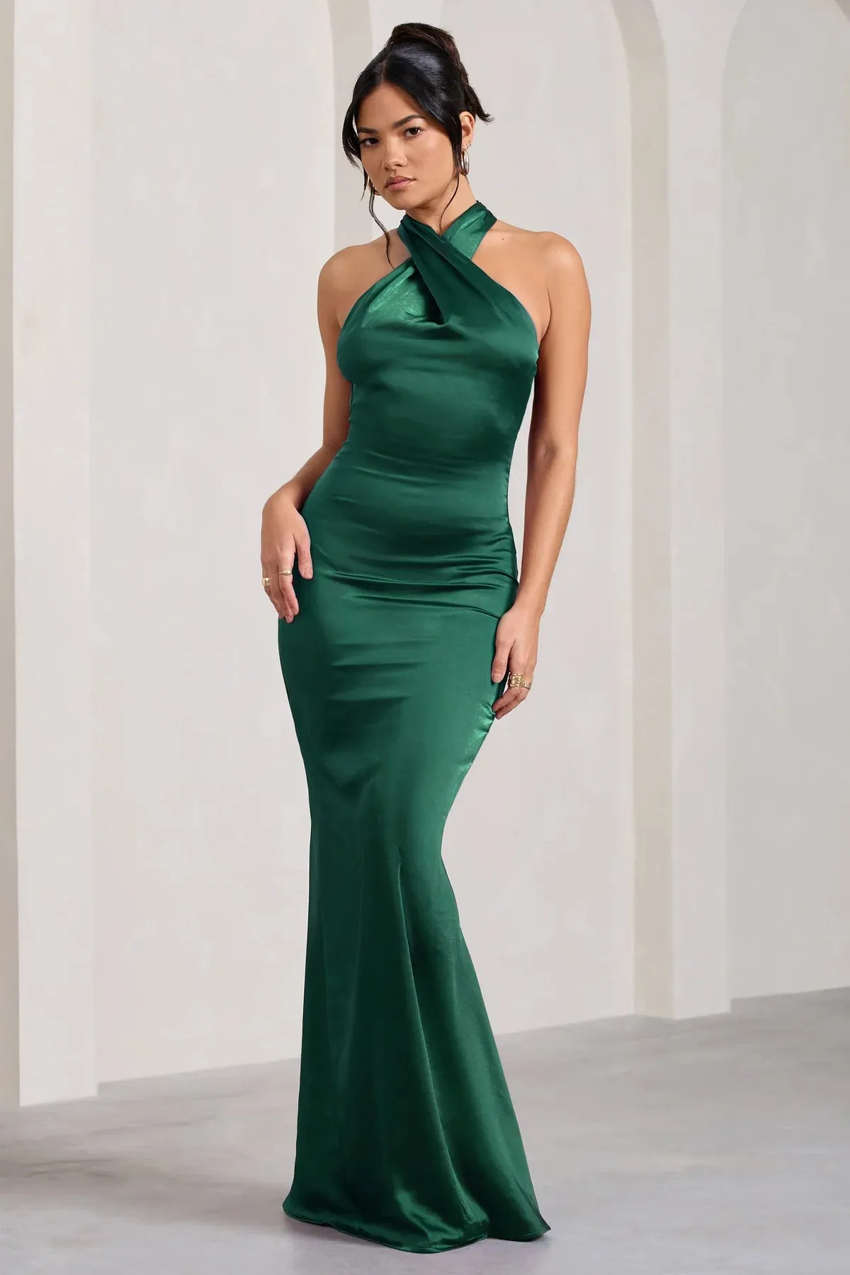 Club L London Unstoppable Bottle Green Satin Cross Over Halterneck Maxi