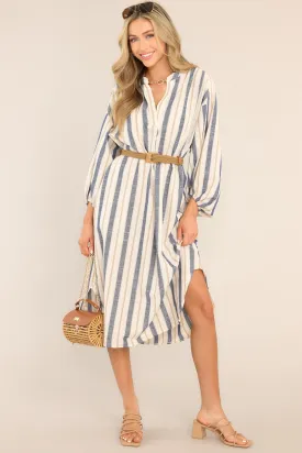 Coastal Charm Dusty Blue Stripe Midi Dress